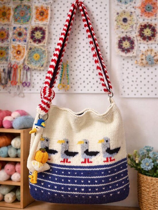 Handmade Handbags - Handmade Knitted Seagull Knit Tote Bag - Wool yarn (with Duck Charm)